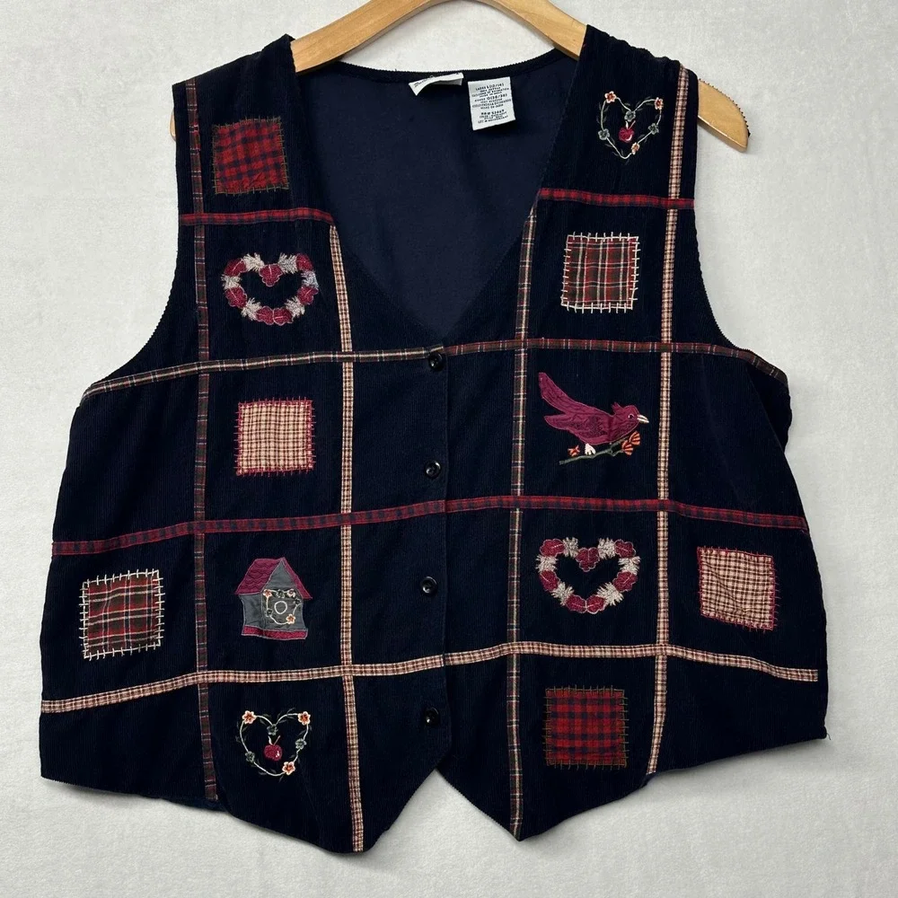 Bobbie Brooks Women's Embroidered Corduroy Vest Navy Blue Bird Heart Patchwork L